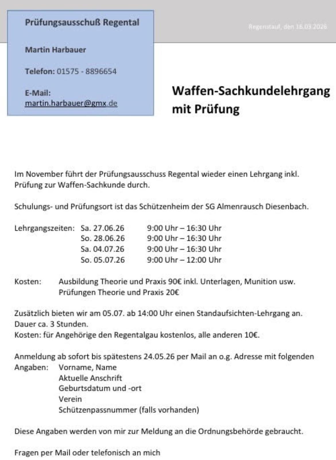 Lehrgang Standaufsicht